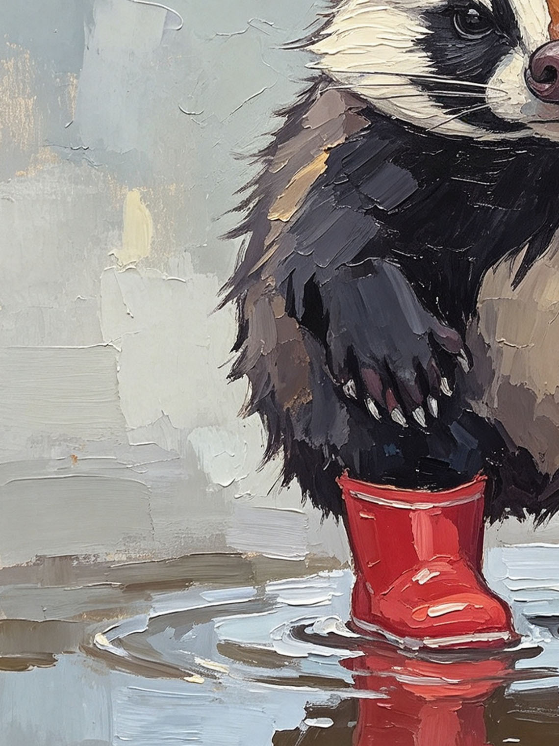 Cute Badger Wearing Red Rain Boots Standing In Puddle Hand Painted Wall Art Custom oil painting from photo, Gift for friend，Size 4x4