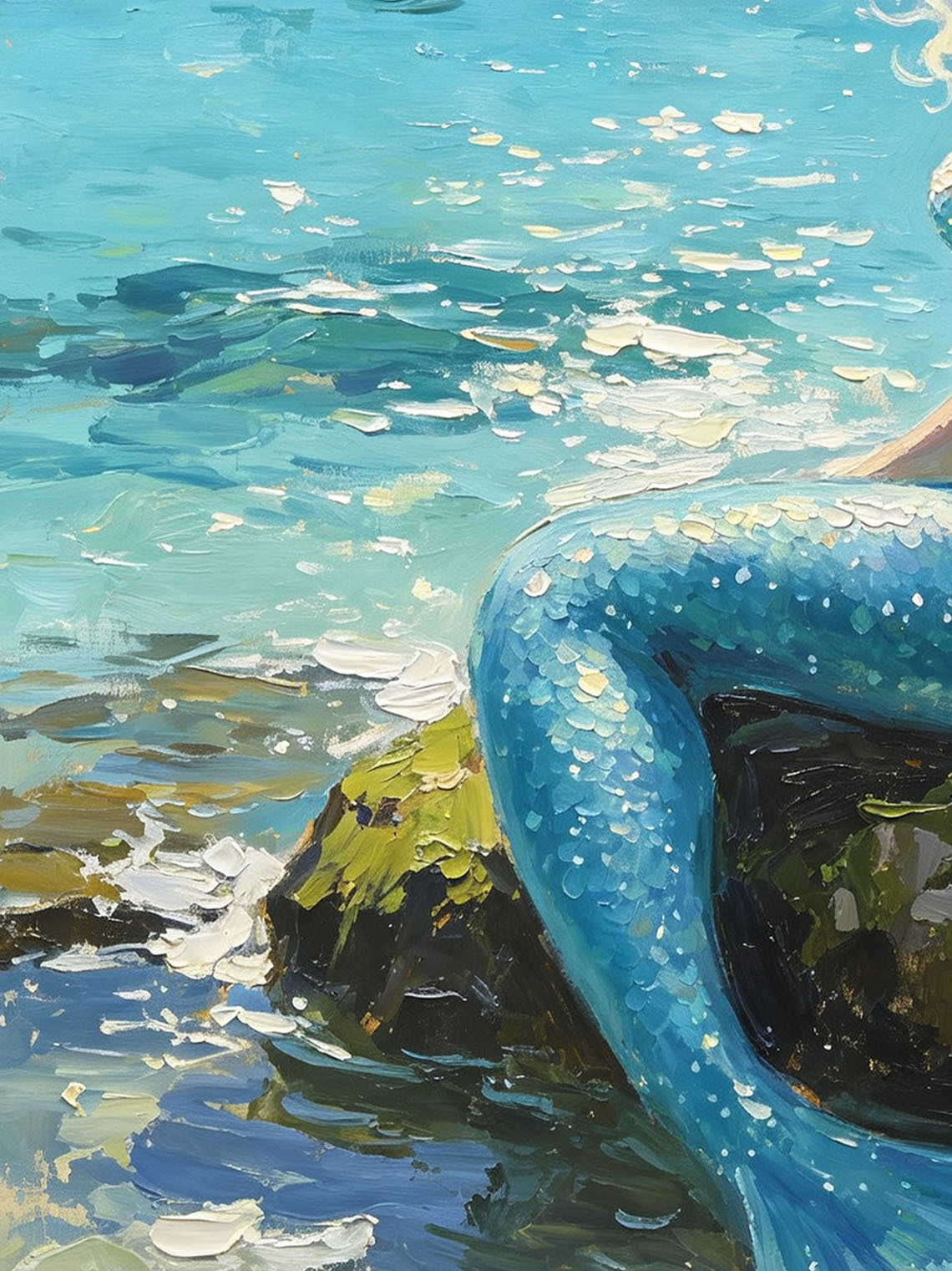 White‑Haired Mermaid Sitting On Coastal Rock By Sparkling Sea Hand Painted Wall Art Custom oil painting from photo, Gift for friend，Size 4x4