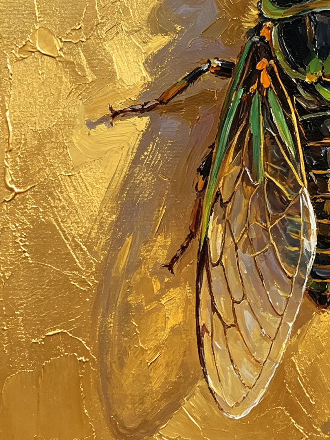 Detailed Cicada Insect Painting On Golden Textured Background Hand Painted Wall Art Custom oil painting from photo, Gift for friend，Size 4x4