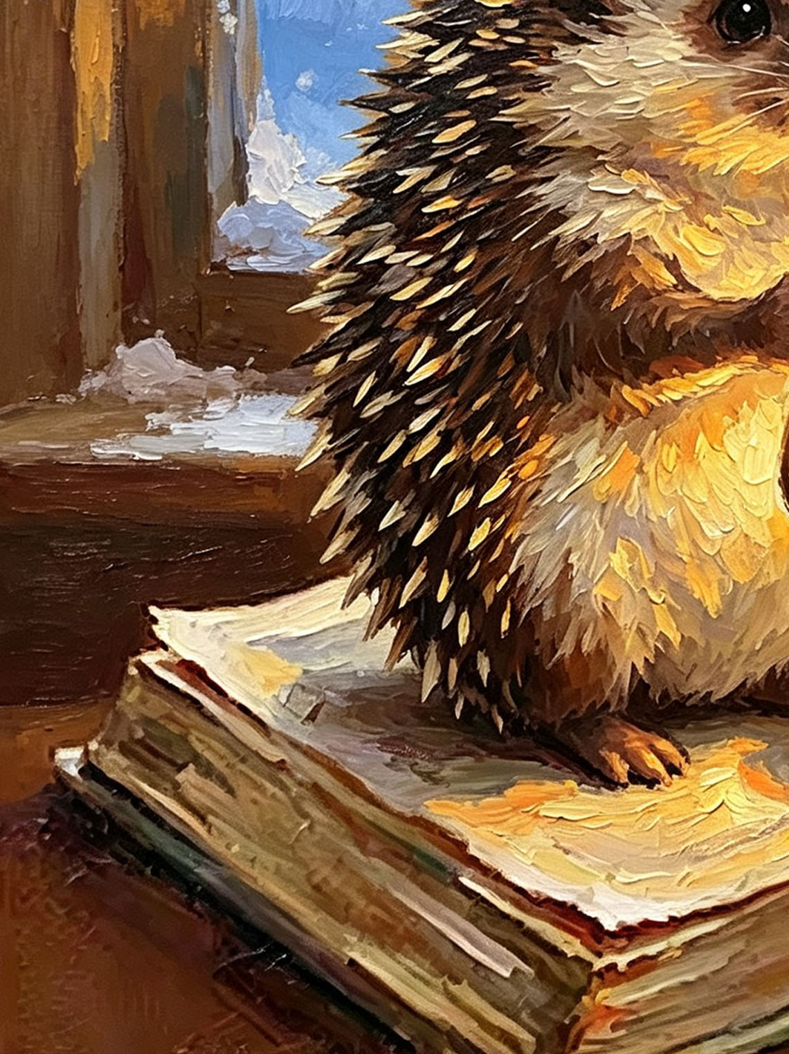Hedgehog With Glowing Lantern Standing On Open Book By Snowy Winter Window Custom oil painting from photo, Gift for friend，Size 4x4