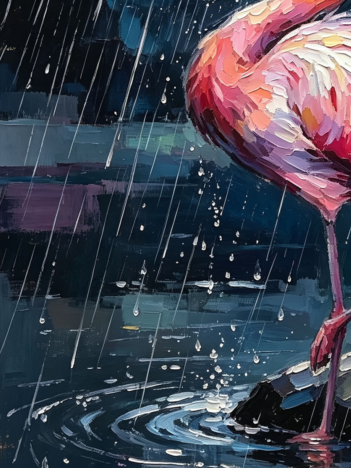 Vibrant Pink Flamingo Standing On Rock In Pouring Rain Over Dark Water  Wall Art Custom oil painting from photo, Gift for friend，Size 4x4