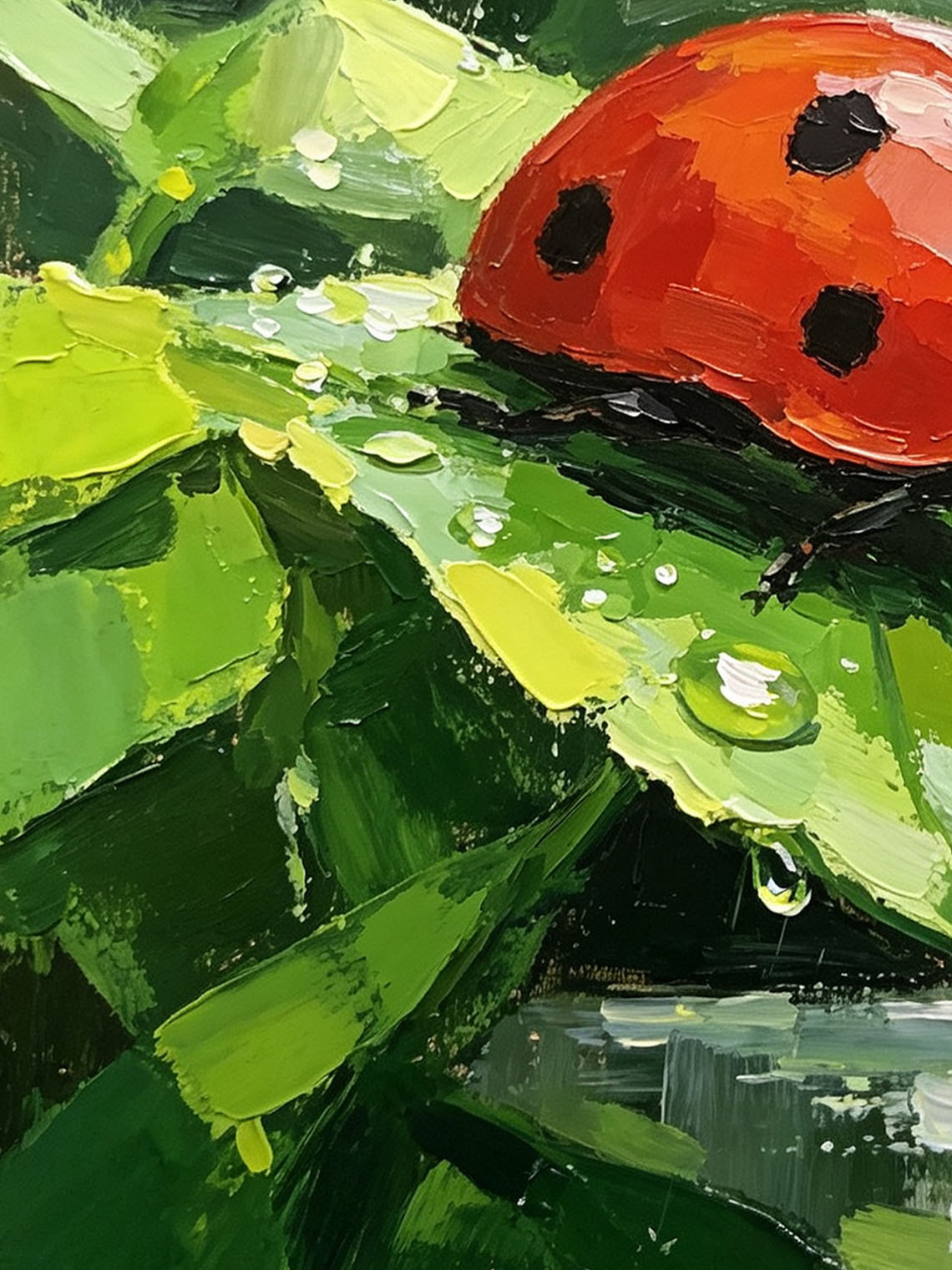 Vivid Red Ladybug On Rain‑Drenched Green Leaf In Lush Foliage Hand Painted Wall Art Custom oil painting from photo, Gift for friend，Size 4x4