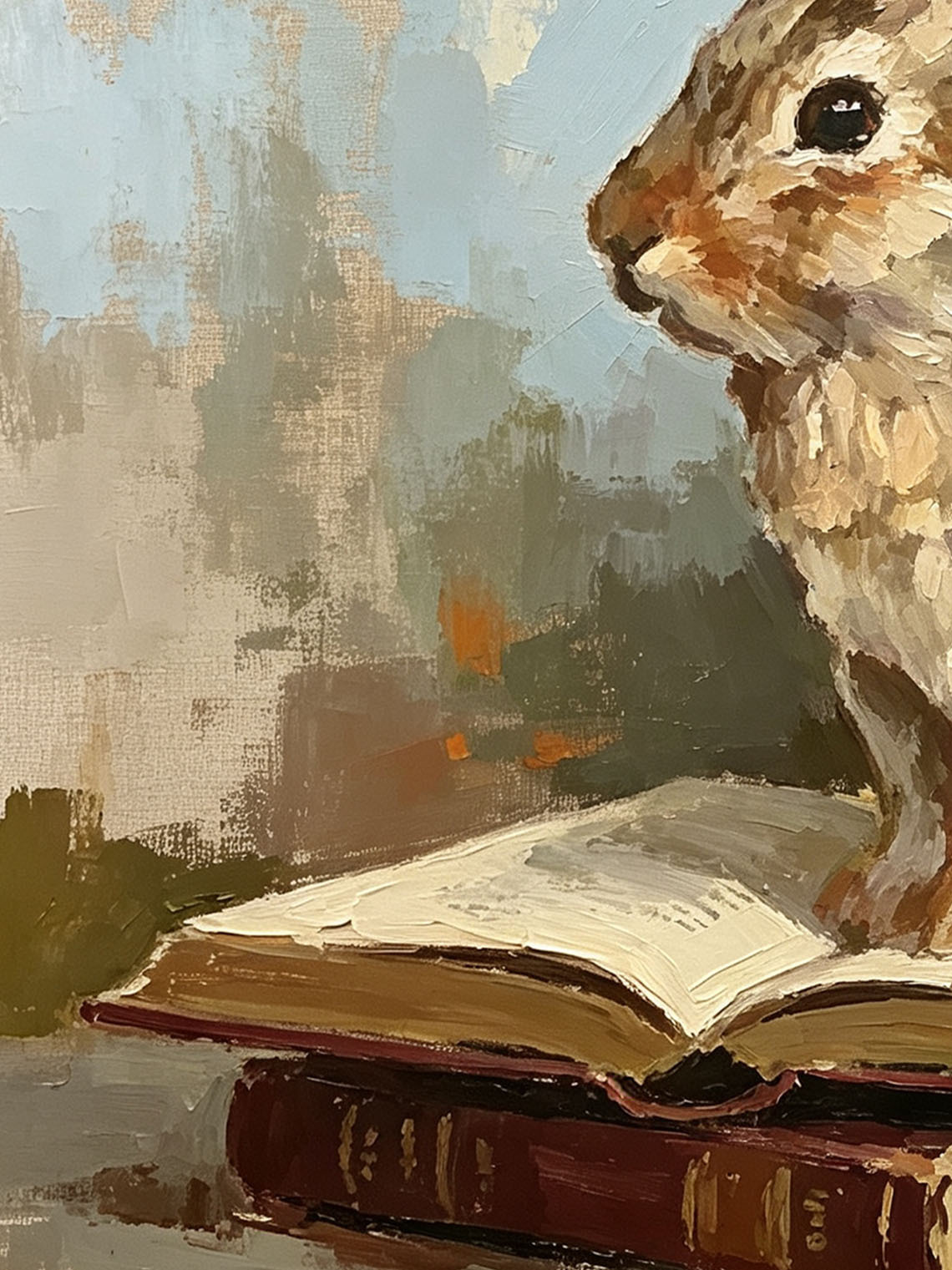 Brown Cottontail Rabbit Sitting On Stacked Old Books Soft Muted Background Custom oil painting from photo, Gift for friend，Size 4x4