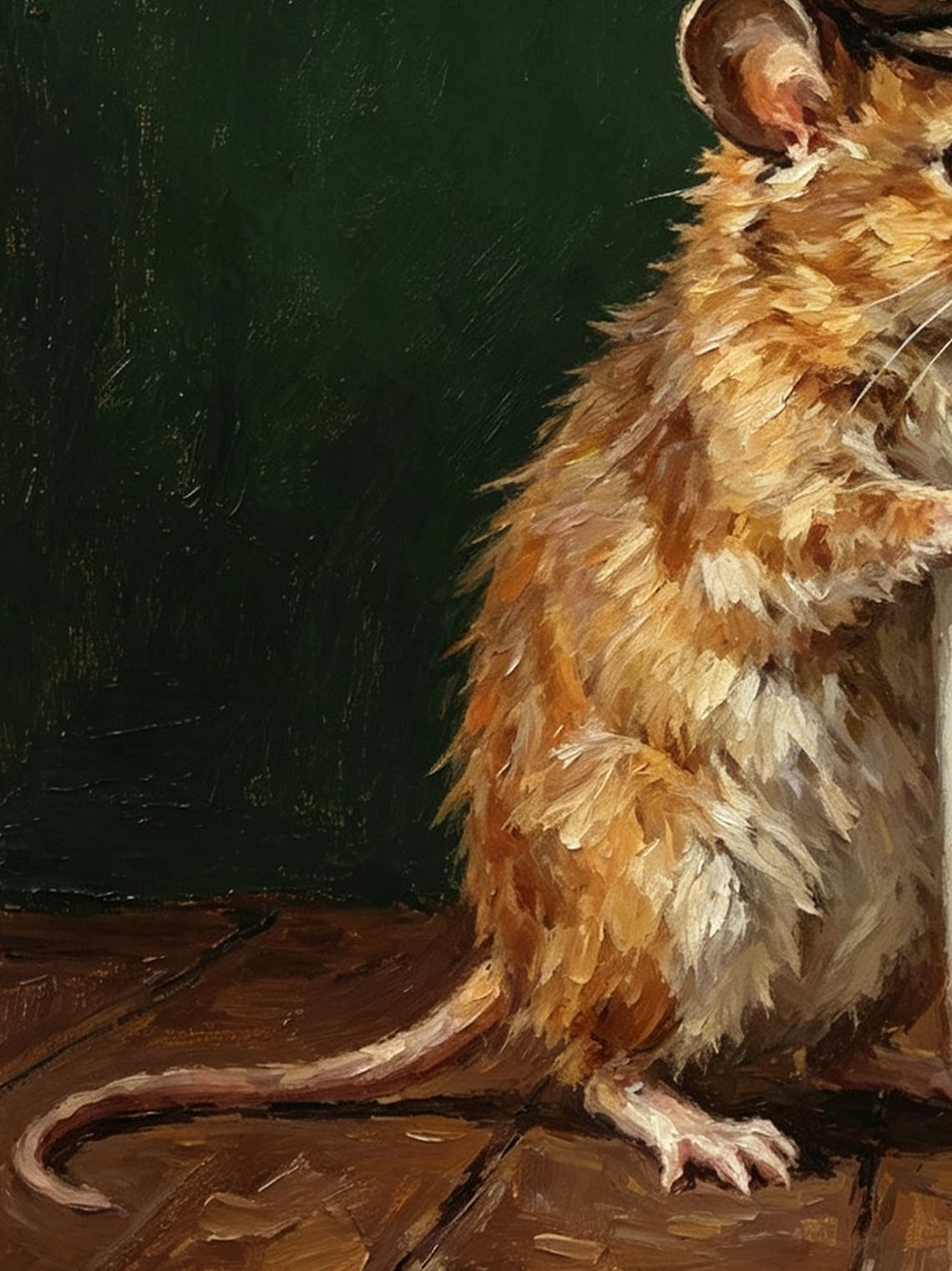 Mouse With Newsboy Cap Leaning On Steaming Coffee Mug Dark Green Background  Custom oil painting from photo, Gift for friend，Size 4x4