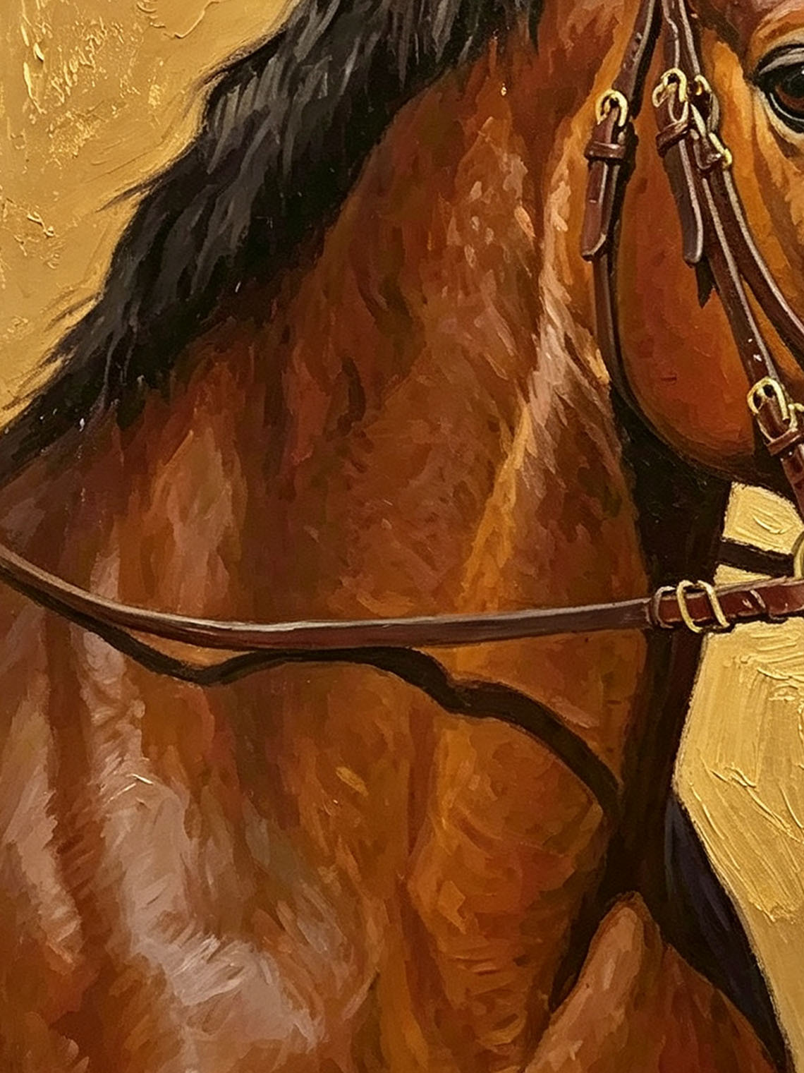 Bay Horse Portrait With Leather Bridle Textured Metallic Gold Background  Wall Art Custom oil painting from photo, Gift for friend，Size 4x4