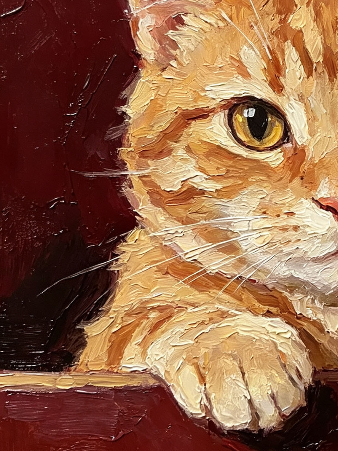 Ginger Tabby Cat Portrait Paws Resting On Edge Deep Burgundy Textured Background  Custom oil painting from photo, Gift for friend，Size 4x4