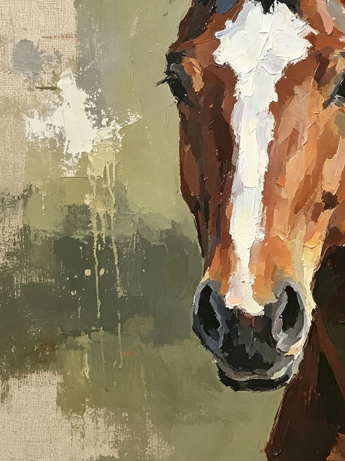 Bay Horse Portrait With White Blaze Muted Sage Green Textured Linen Background  Custom oil painting from photo, Gift for friend，Size 4x4