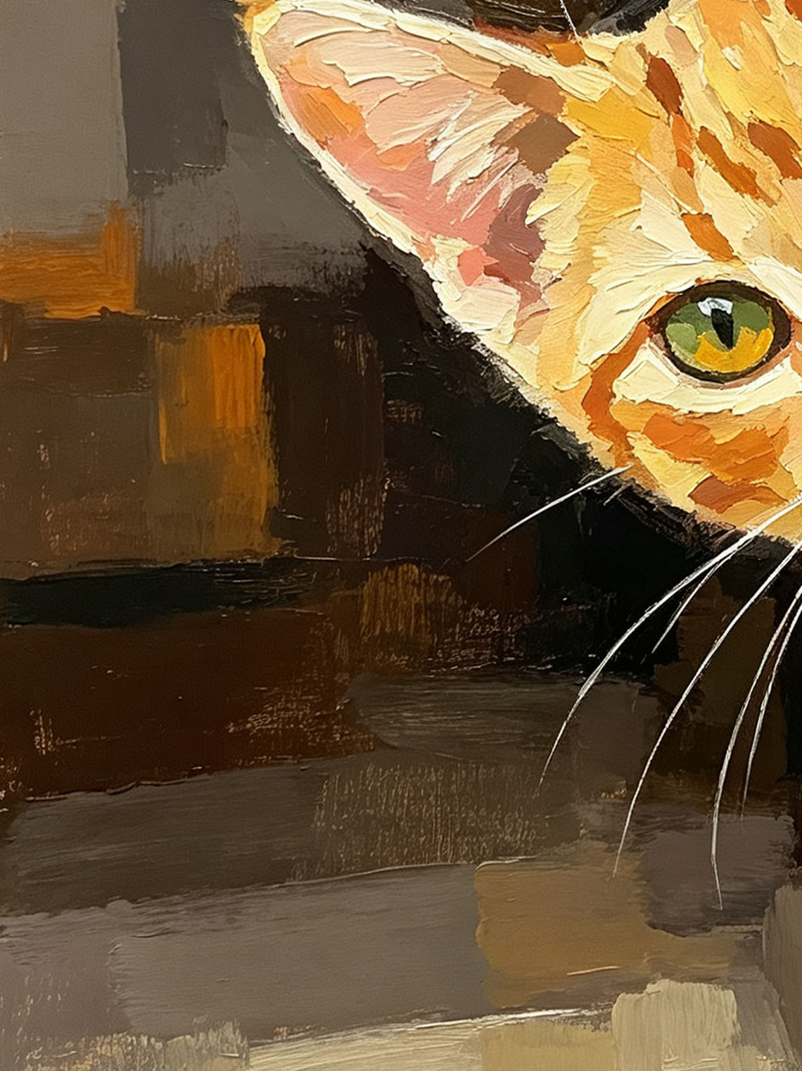 Tabby Kitten Peeking Around Green Door Bold Textured Warm Earth‑Tone Background  Custom oil painting from photo, Gift for friend，Size 4x4