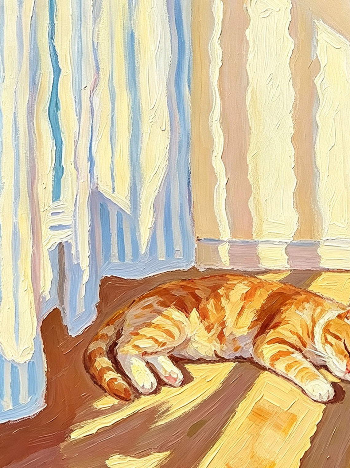 Sleeping Ginger Cat Sunlit Indoor Scene With Monstera Plant Bright Oil Painting Custom oil painting from photo, Gift for friend，Size 4x4