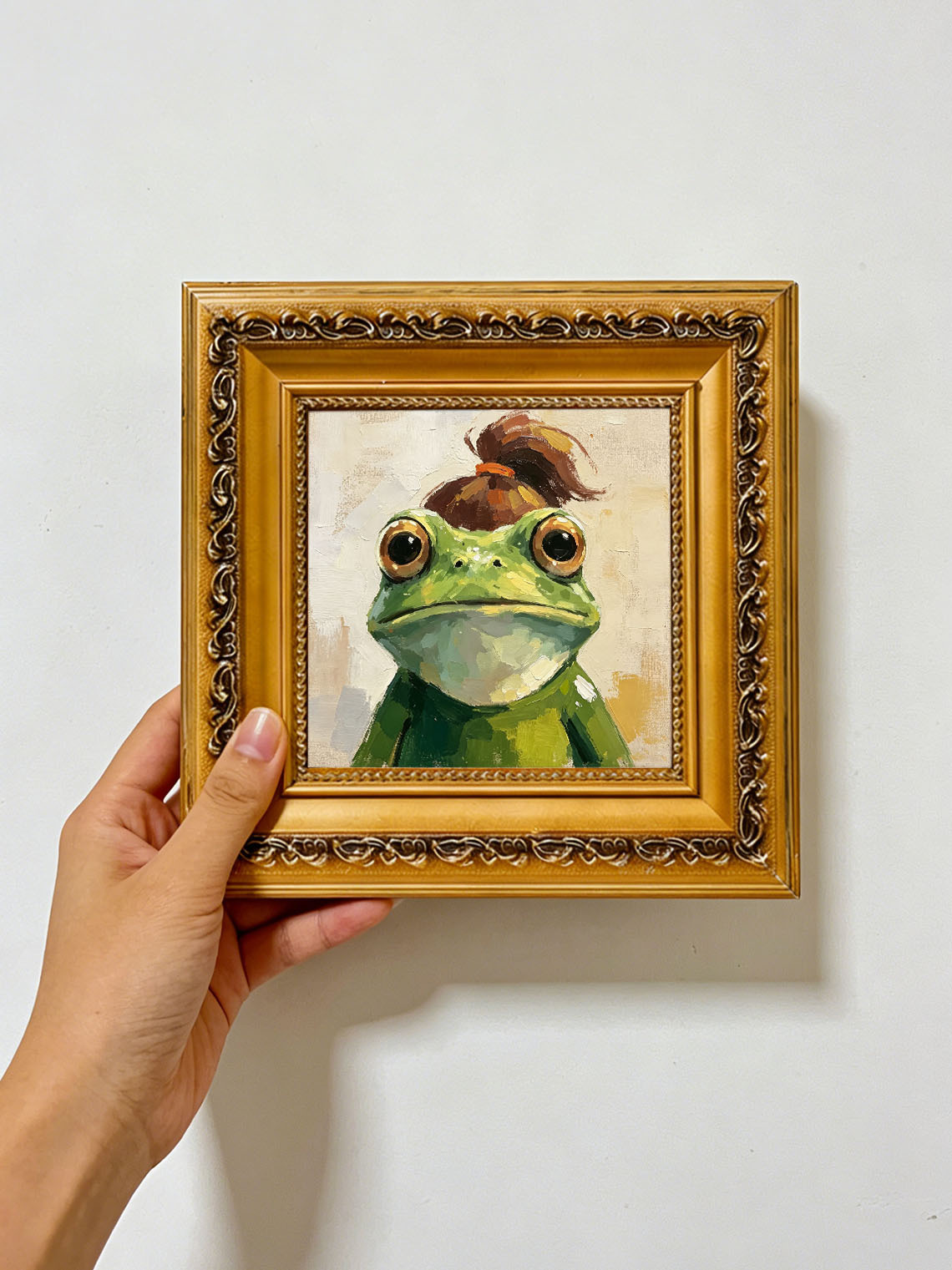 Frog With Messy Bun Hairstyle Whimsical Oil Painting Warm Beige Background  Custom oil painting from photo, Gift for friend，Size 4x4