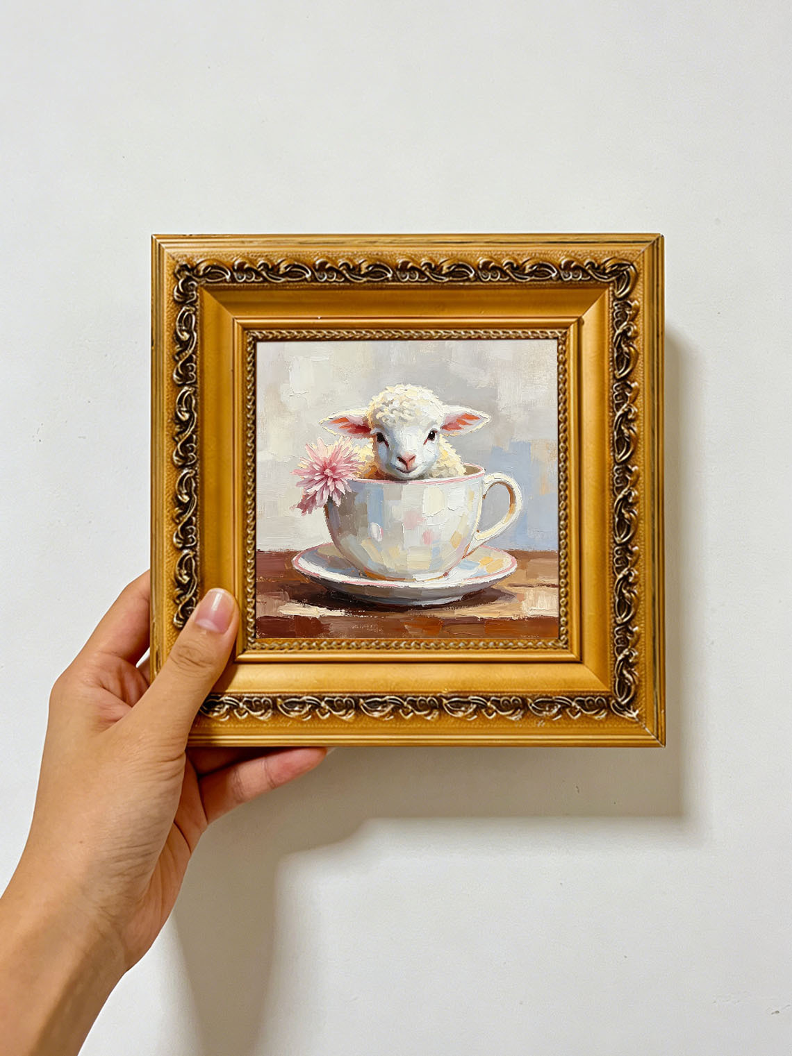 Baby Lamb Inside Pastel Teacup With Pink Flower Whimsical Custom oil painting from photo, Gift for friend，Size 4x4