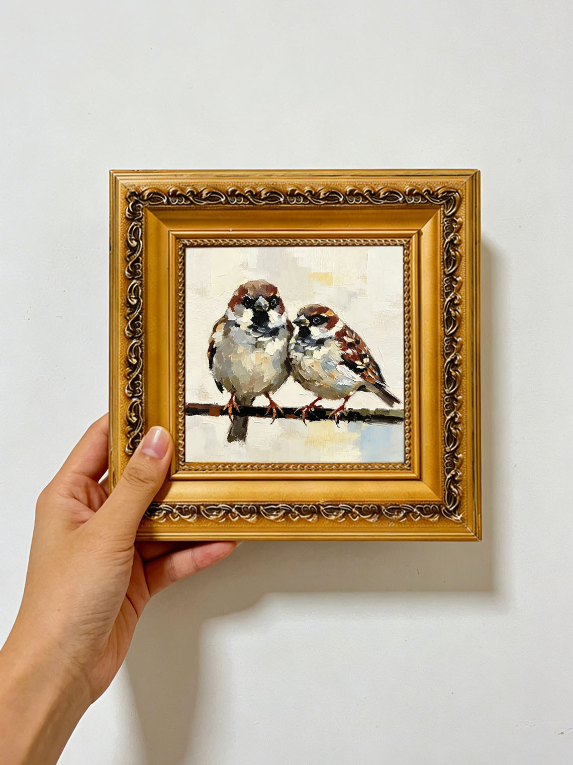 Pair Of Sweet Sparrows On Branch Oil Painting Soft Cream Textured Background  Custom oil painting from photo, Gift for friend，Size 4x4