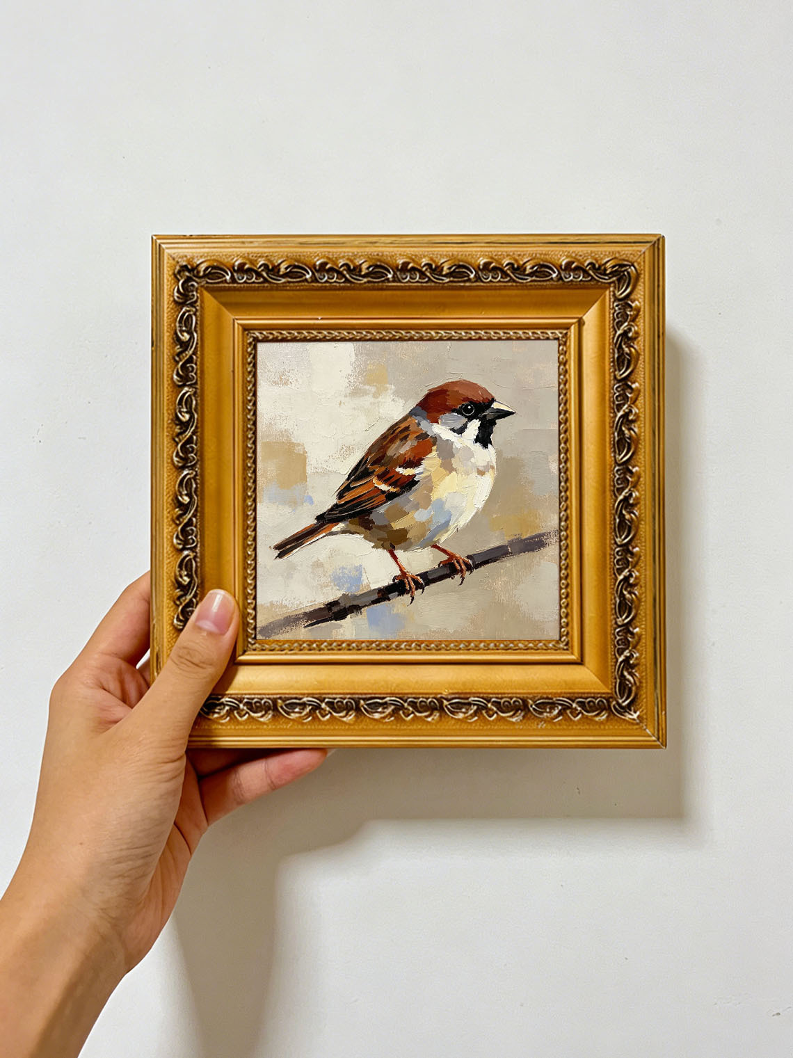 Single Sparrow Perched On Twig Oil Painting Soft Neutral Textured Background  Custom oil painting from photo, Gift for friend，Size 4x4