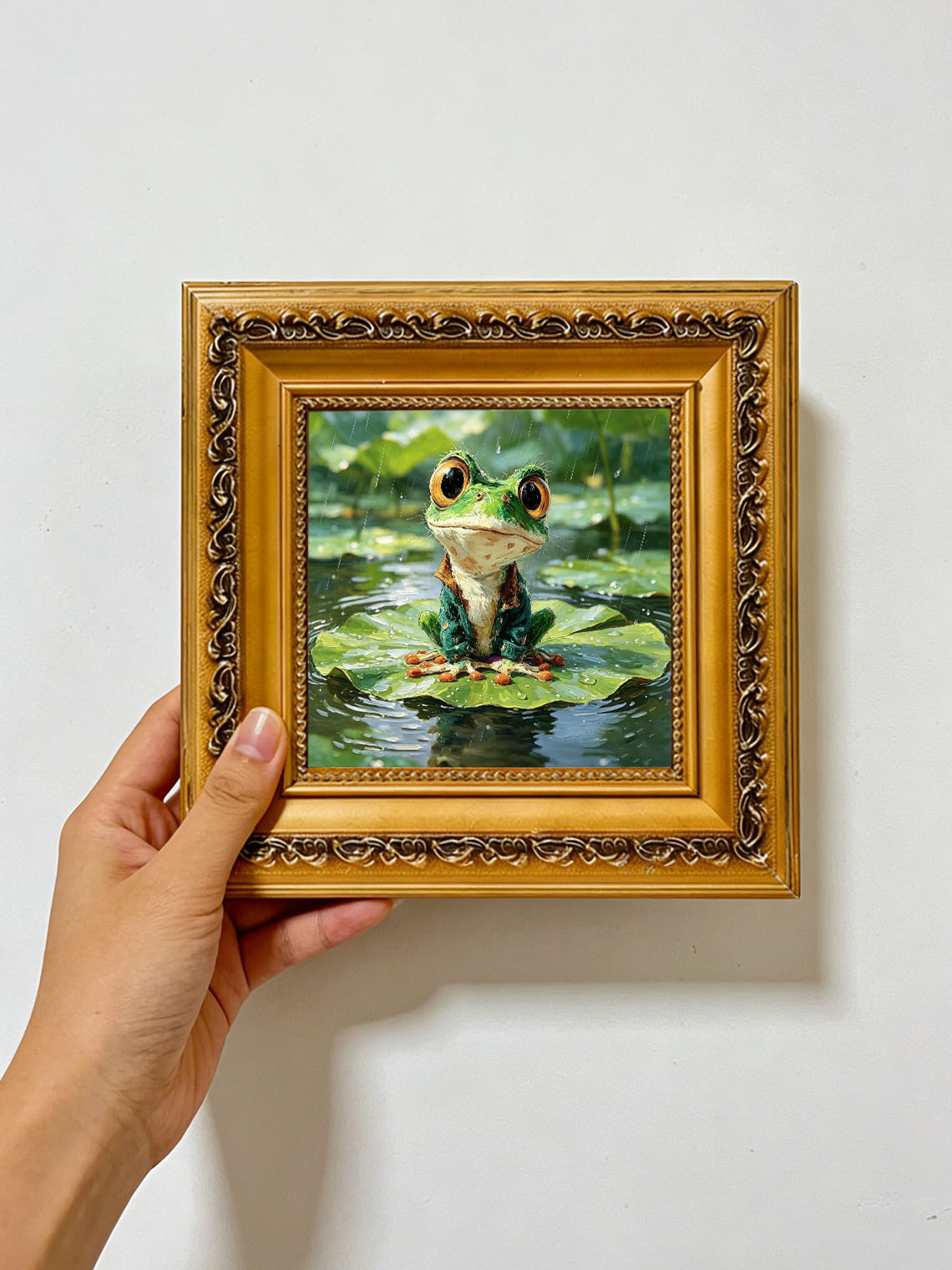 Cute Dressed Green Frog Sitting On Rainy Lotus Leaf Impasto Oil Painting Custom oil painting from photo, Gift for friend，Size 4x4