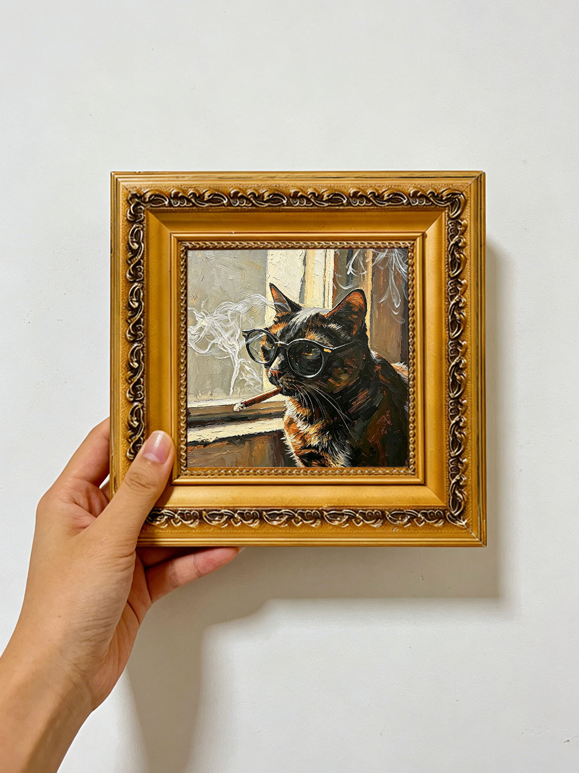 Cool Tortoiseshell Cat With Glasses By Window Impasto Oil Painting Custom oil painting from photo, Gift for friend，Size 4x4