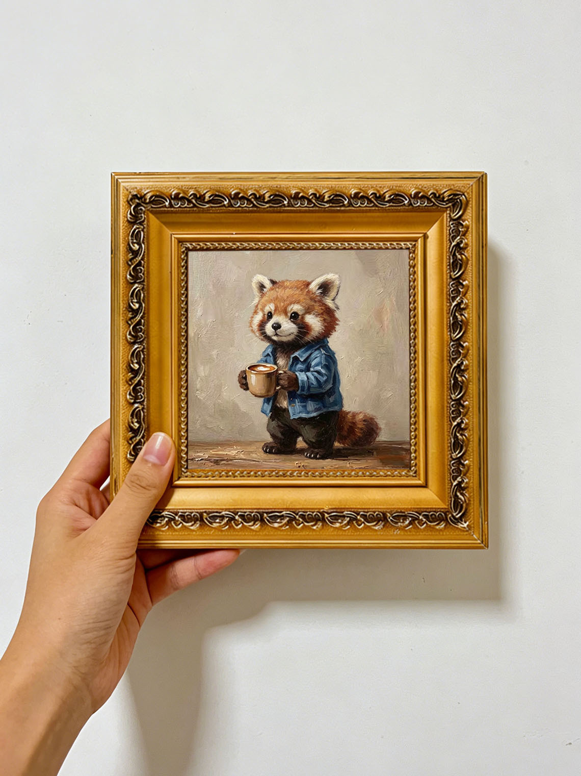 Cute Red Panda In Denim Jacket Holding Coffee Mug Impasto Oil Painting Custom oil painting from photo, Gift for friend，Size 4x4