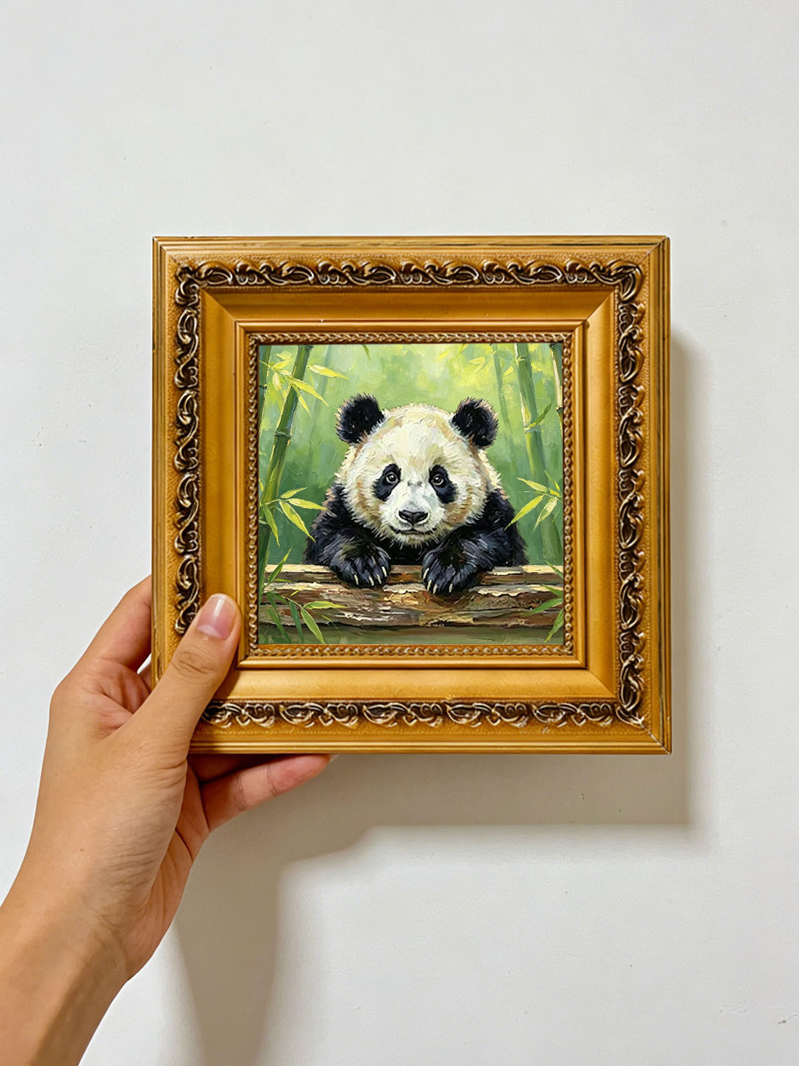 Adorable Giant Panda Leaning Over Log In Bamboo Forest Impasto Oil Painting Custom oil painting from photo, Gift for friend，Size 4x4