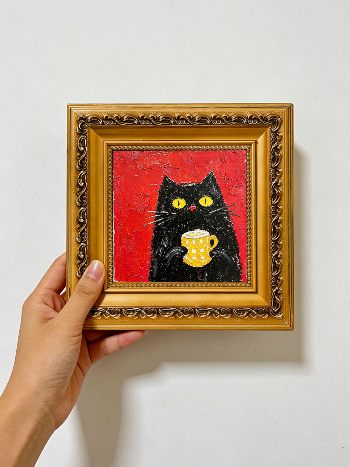Whimsical Black Cat Holding Yellow Checkered Mug Red Background Oil Painting Custom oil painting from photo, Gift for friend，Size 4x4
