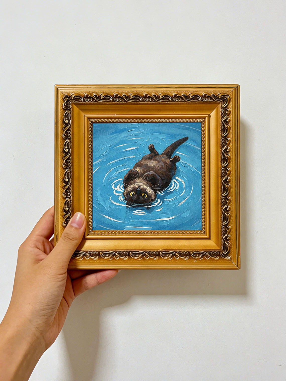 Playful Otter Floating On Bright Blue Rippling Water Impasto Oil Painting Custom oil painting from photo, Gift for friend，Size 4x4
