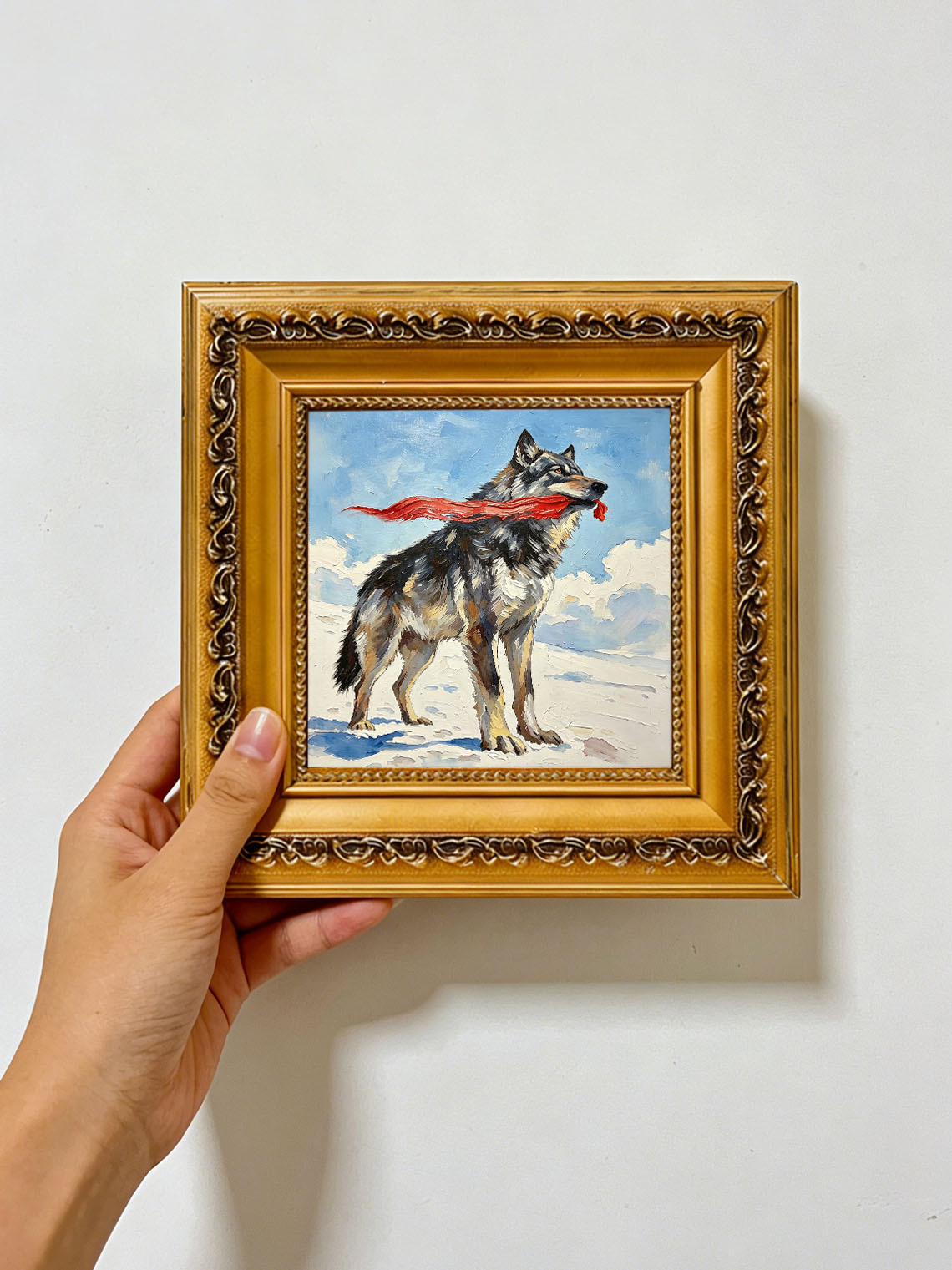 Wild Grey Wolf Holding Flowing Red Ribbon On Snowy Winter Landscape Oil Painting Custom oil painting from photo, Gift for friend，Size 4x4