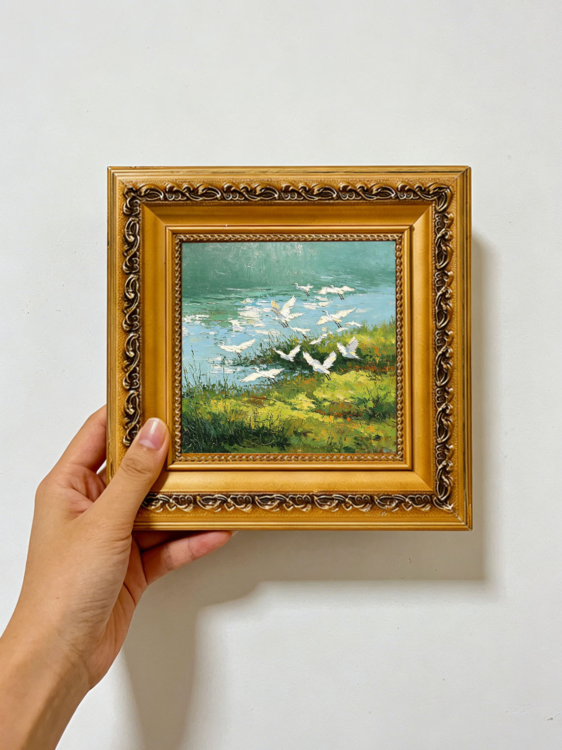 Flock of White Egrets Flying Over Green Riverside Wetland Landscape Oil Painting Custom oil painting from photo, Gift for friend，Size 4x4
