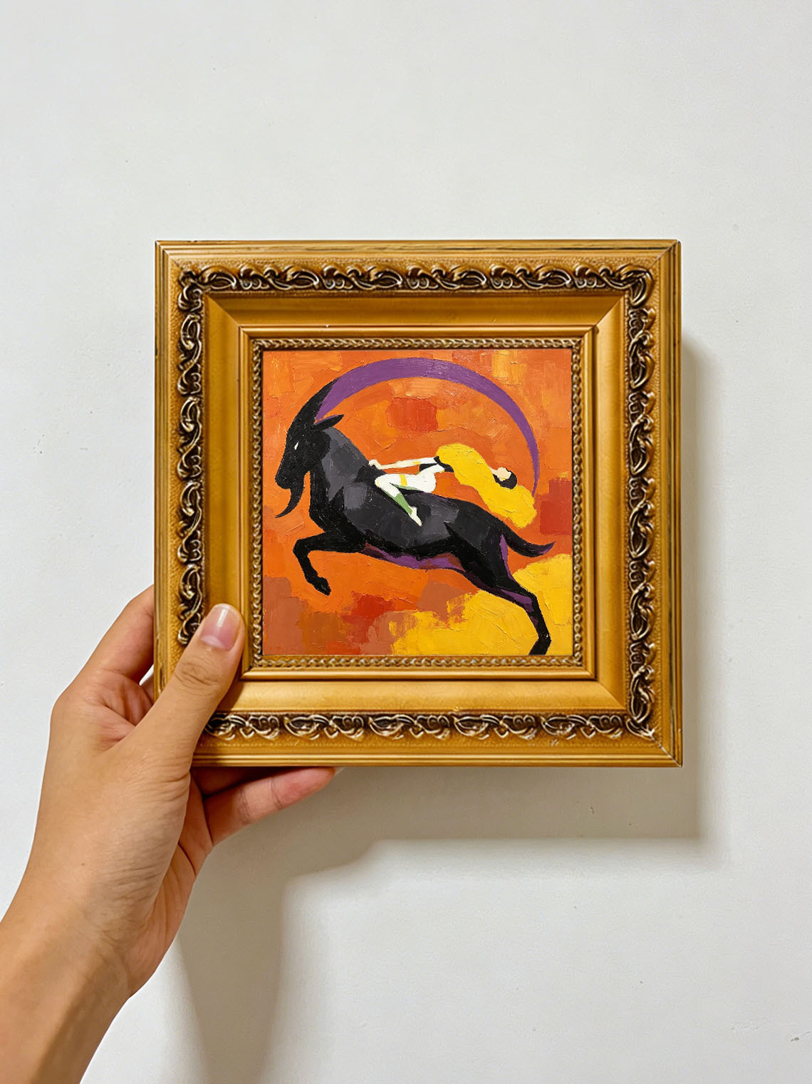 Abstract Mythological Scene Woman Riding Black Goat Bold Orange Background Custom oil painting from photo, Gift for friend，Size 4x4