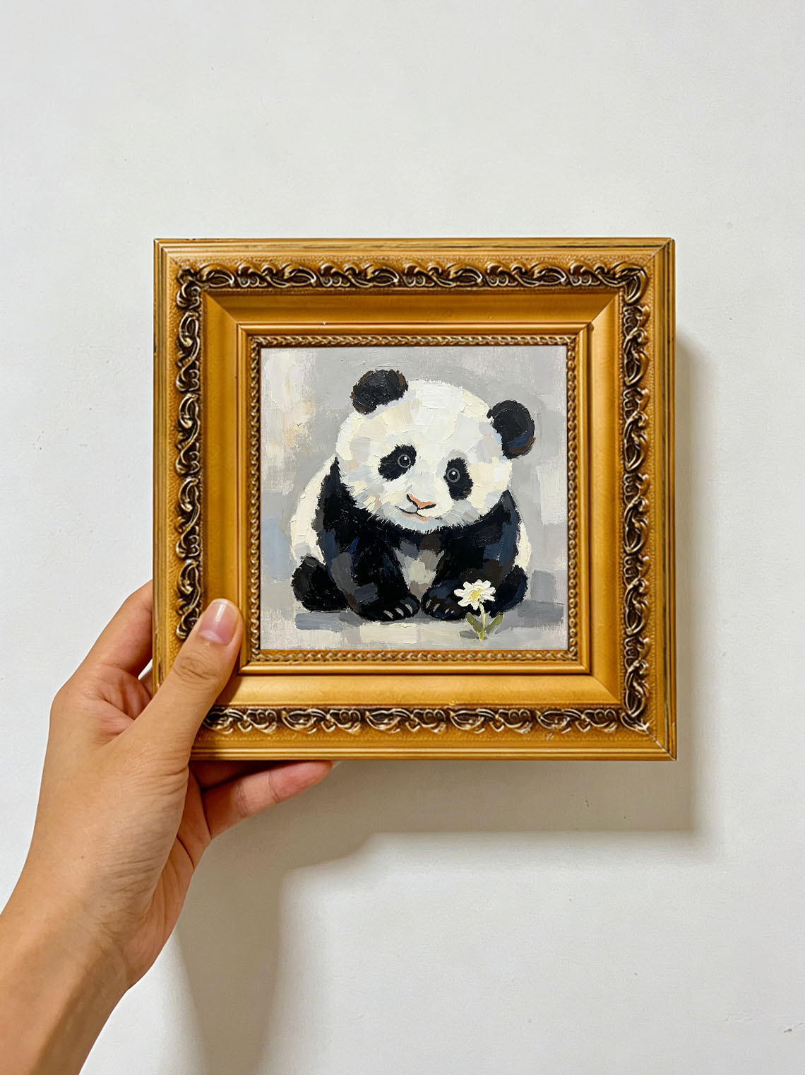 Baby Panda With White Daisy Flower Neutral Grey Background Impasto Oil Painting Custom oil painting from photo, Gift for friend，Size 4x4