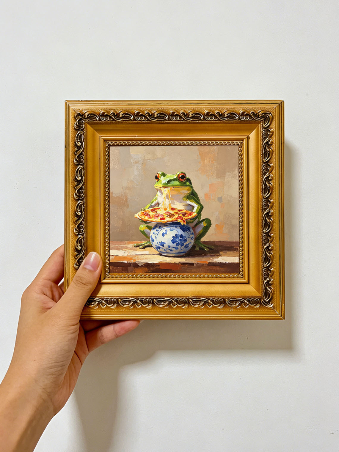 Whimsical Green Frog Eating Melted Cheese Pizza On Blue Floral Vase Oil Painting Custom oil painting from photo, Gift for friend，Size 4x4