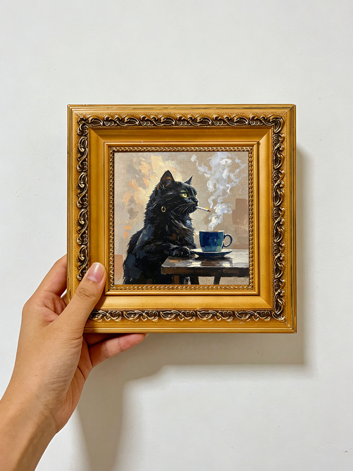 Cool Moody Black Cat With Gold Earring Beside Blue Coffee Cup On Wooden Table Custom oil painting from photo, Gift for friend，Size 4x4