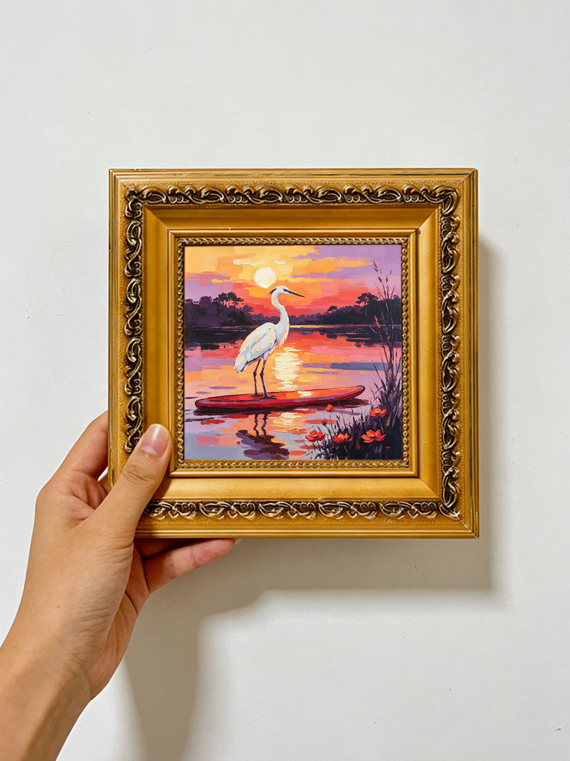 White Egret Standing on Red Paddle Board Over Lake At Vibrant Sunset Landscape Custom oil painting from photo, Gift for friend，Size 4x4
