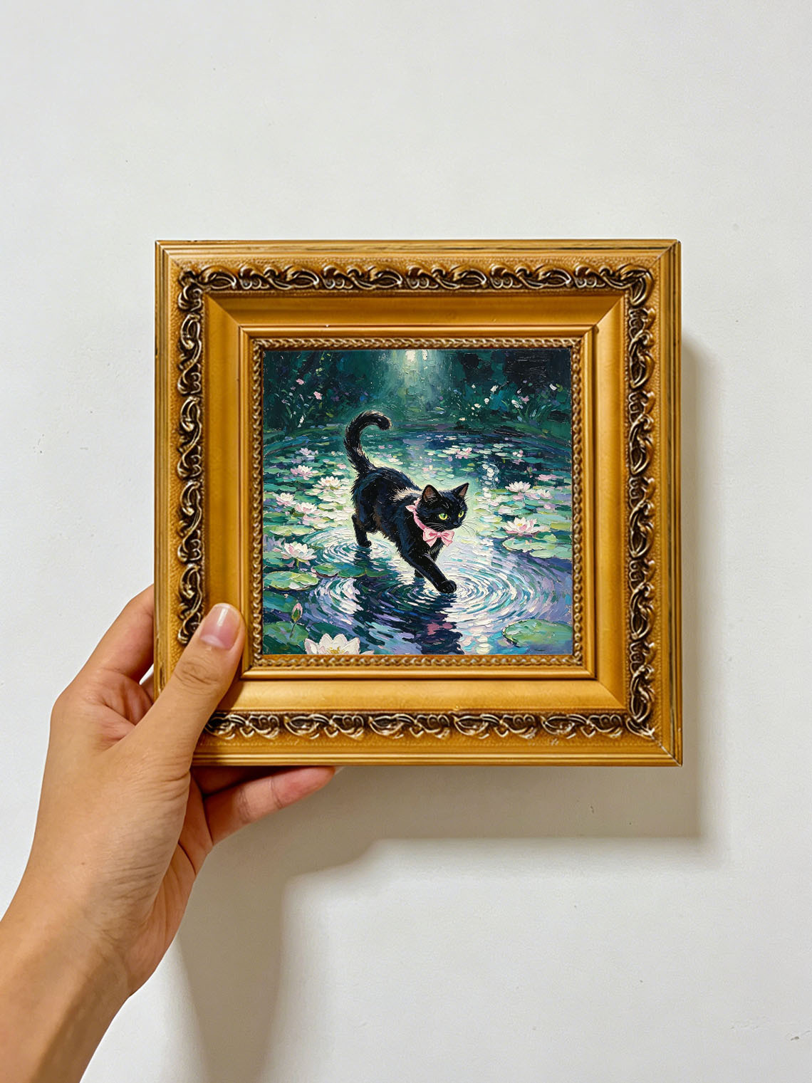 Black Cat With Pink Bow Walking Across Water Lily Pond In Sunlit Garden Custom oil painting from photo, Gift for friend，Size 4x4