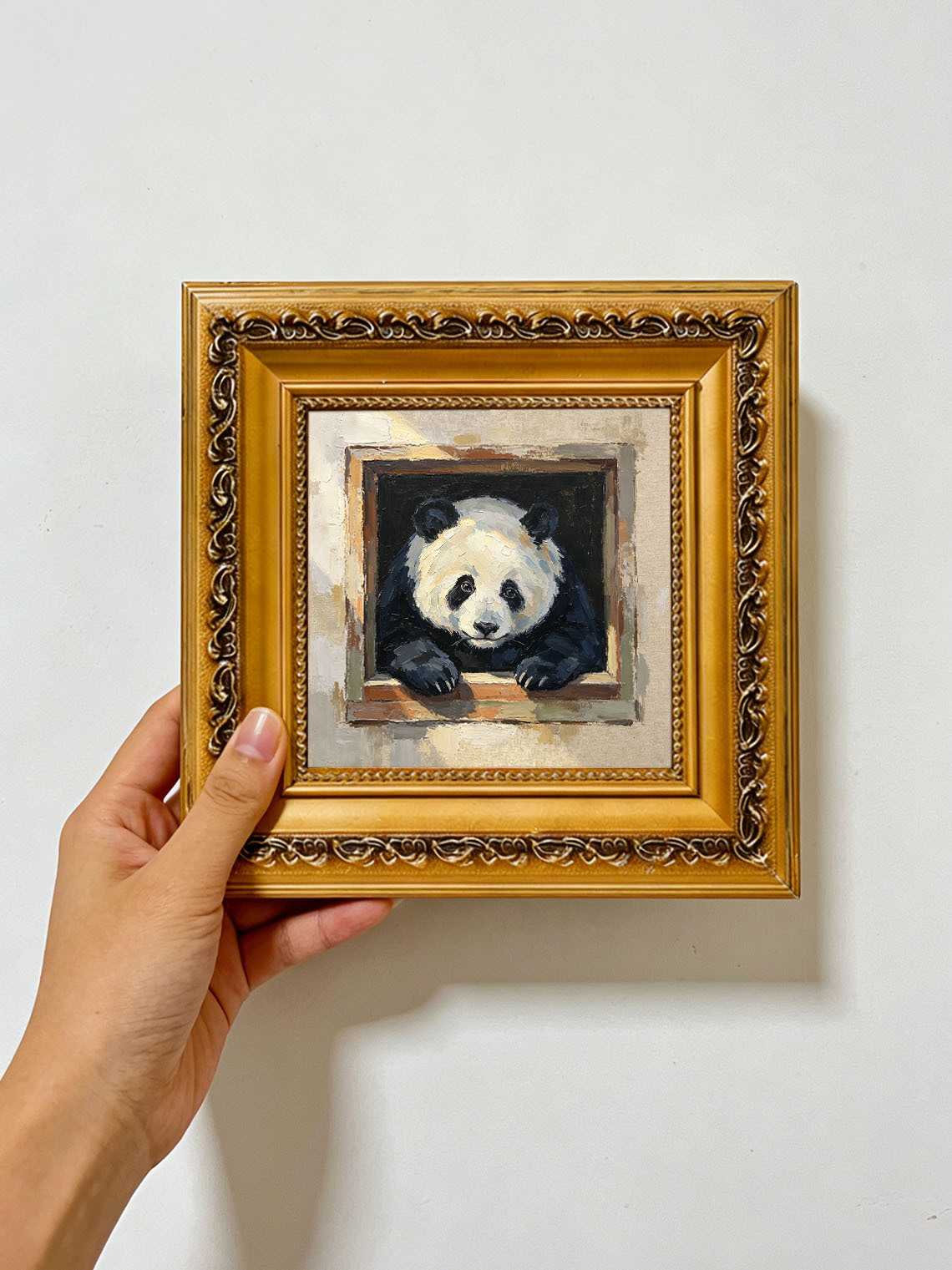 Cute Giant Panda Leaning Out From Wooden Window Box Impasto Oil Painting Custom oil painting from photo, Gift for friend，Size 4x4