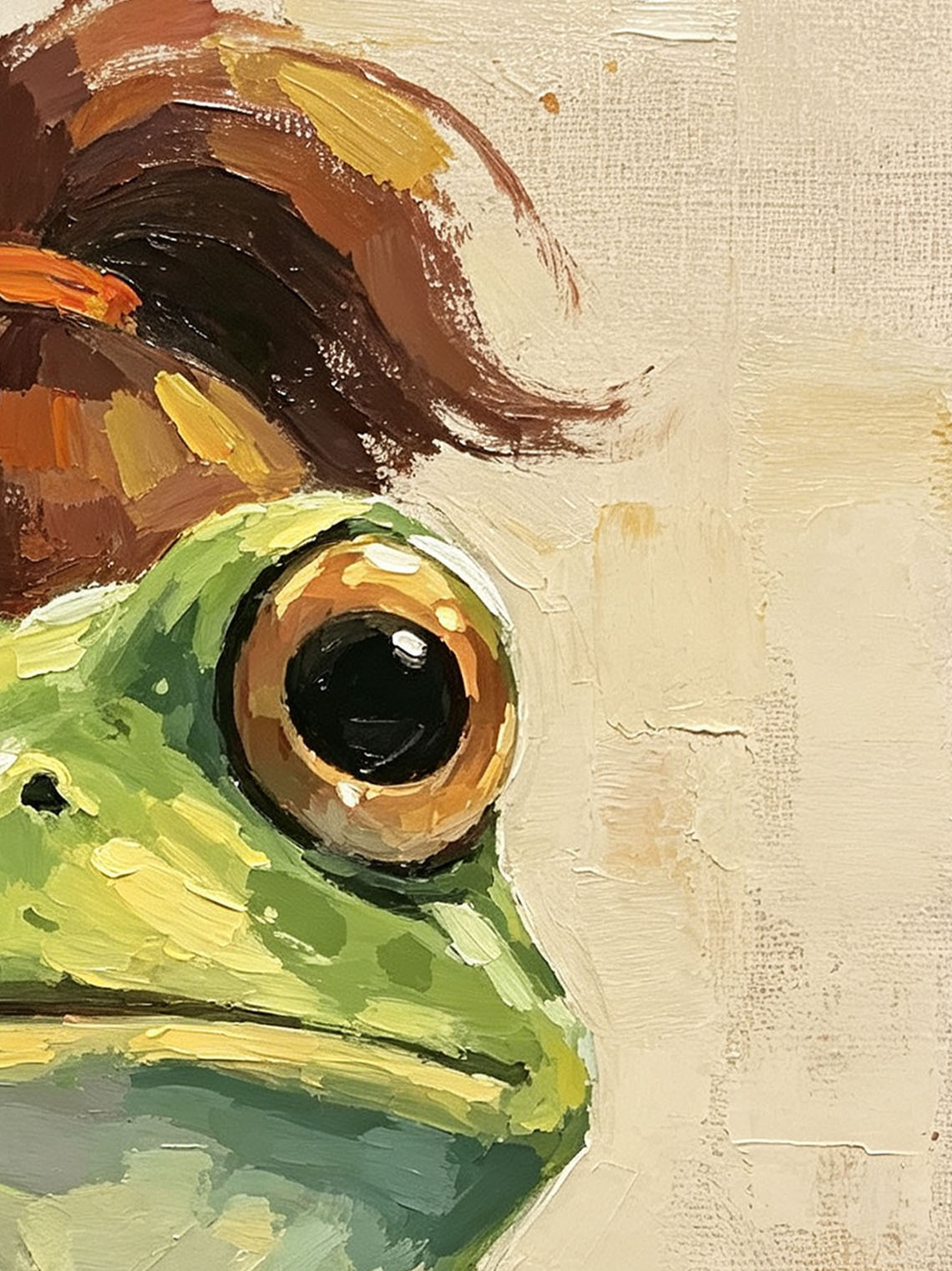 Frog With Messy Bun Hairstyle Whimsical Oil Painting Warm Beige Background  Custom oil painting from photo, Gift for friend，Size 4x4