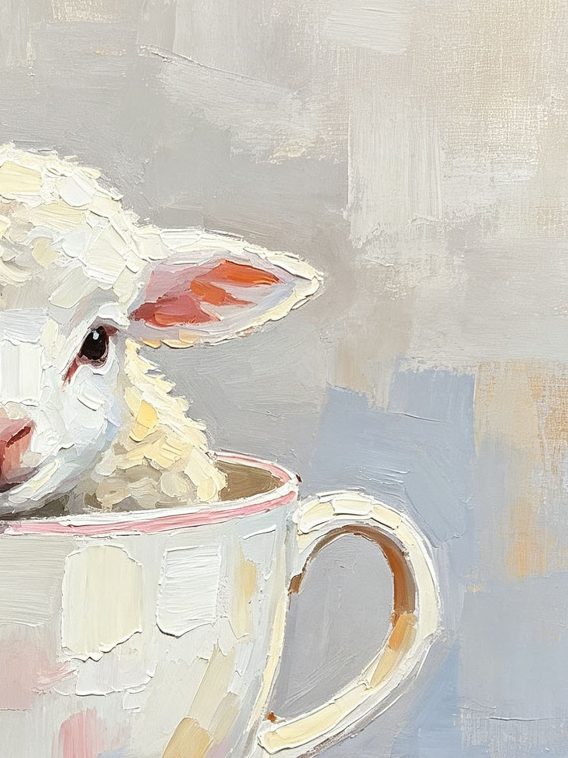 Baby Lamb Inside Pastel Teacup With Pink Flower Whimsical Custom oil painting from photo, Gift for friend，Size 4x4