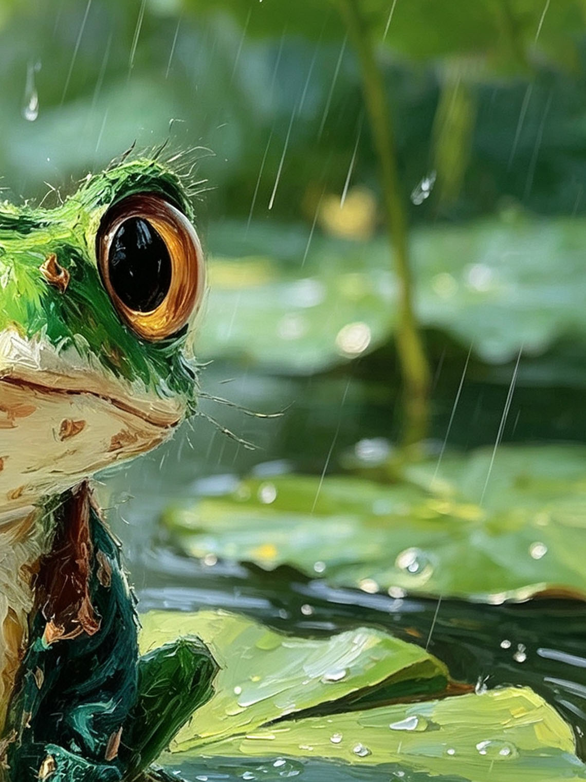 Cute Dressed Green Frog Sitting On Rainy Lotus Leaf Impasto Oil Painting Custom oil painting from photo, Gift for friend，Size 4x4