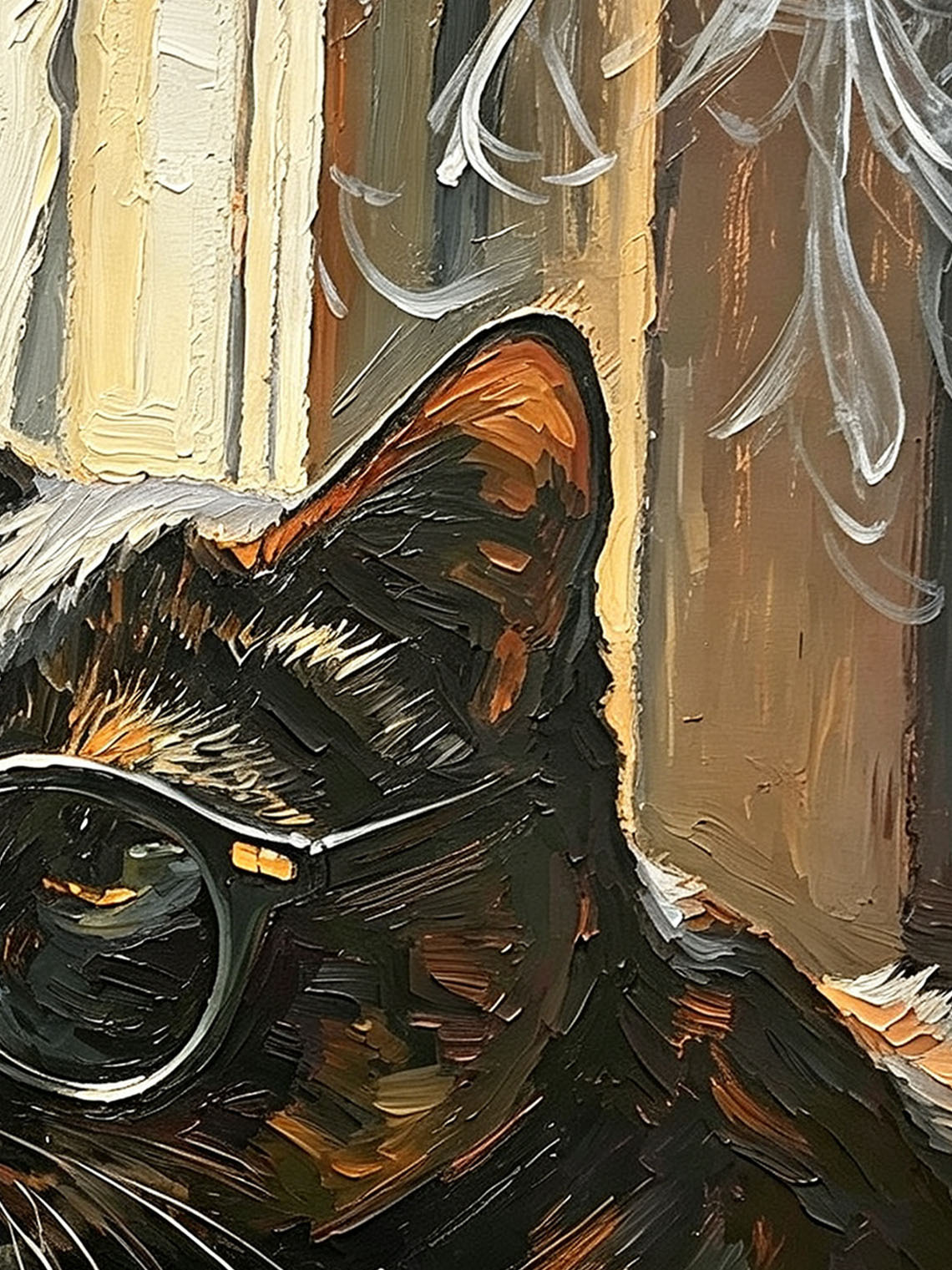 Cool Tortoiseshell Cat With Glasses By Window Impasto Oil Painting Custom oil painting from photo, Gift for friend，Size 4x4