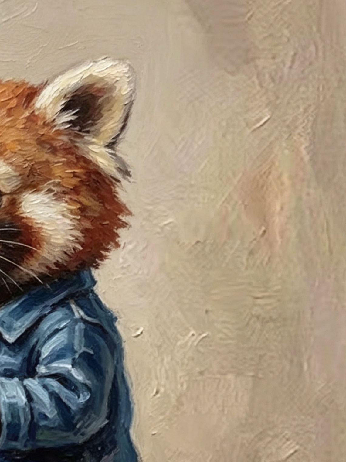 Cute Red Panda In Denim Jacket Holding Coffee Mug Impasto Oil Painting Custom oil painting from photo, Gift for friend，Size 4x4