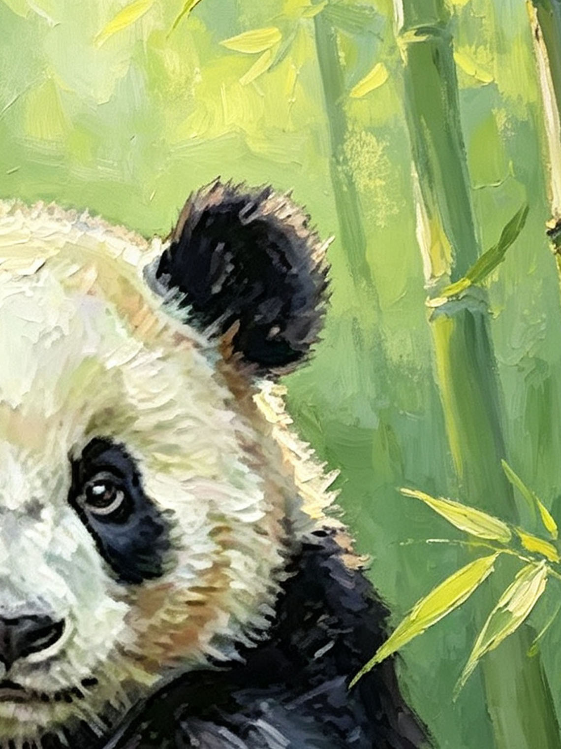 Adorable Giant Panda Leaning Over Log In Bamboo Forest Impasto Oil Painting Custom oil painting from photo, Gift for friend，Size 4x4