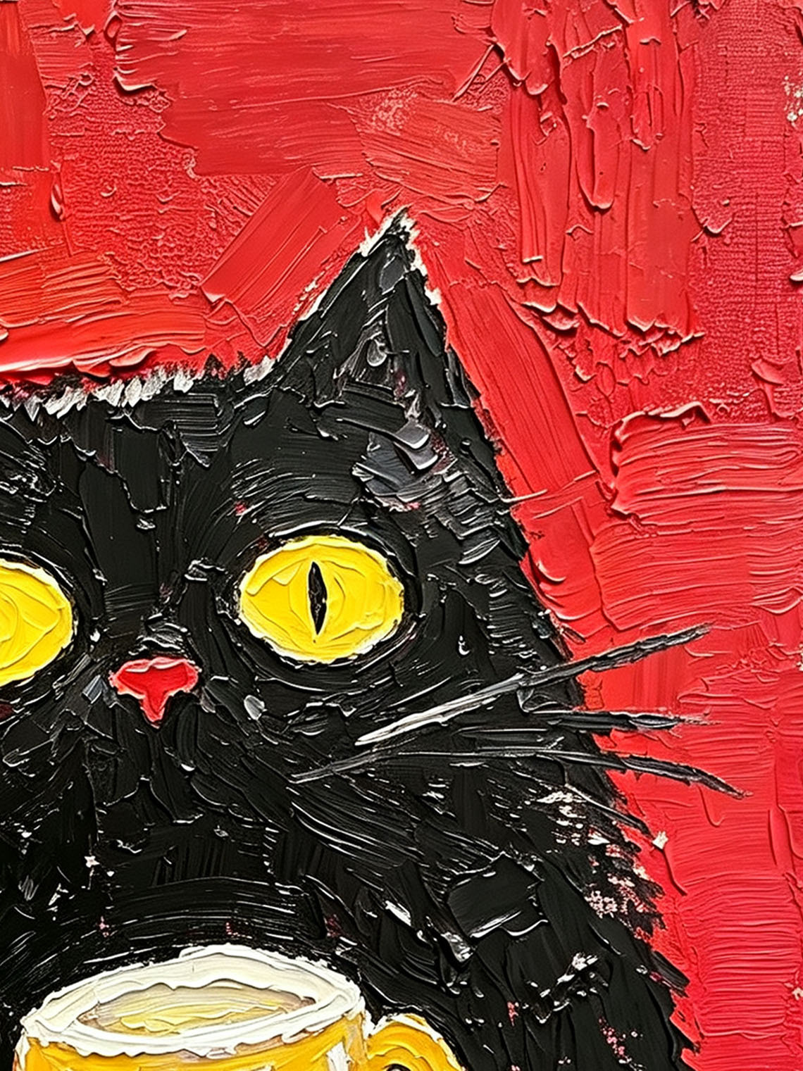 Whimsical Black Cat Holding Yellow Checkered Mug Red Background Oil Painting Custom oil painting from photo, Gift for friend，Size 4x4