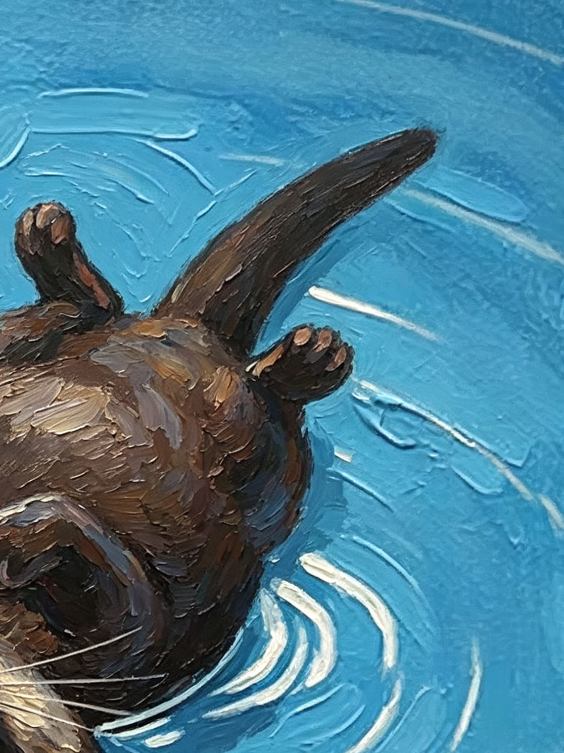 Playful Otter Floating On Bright Blue Rippling Water Impasto Oil Painting Custom oil painting from photo, Gift for friend，Size 4x4
