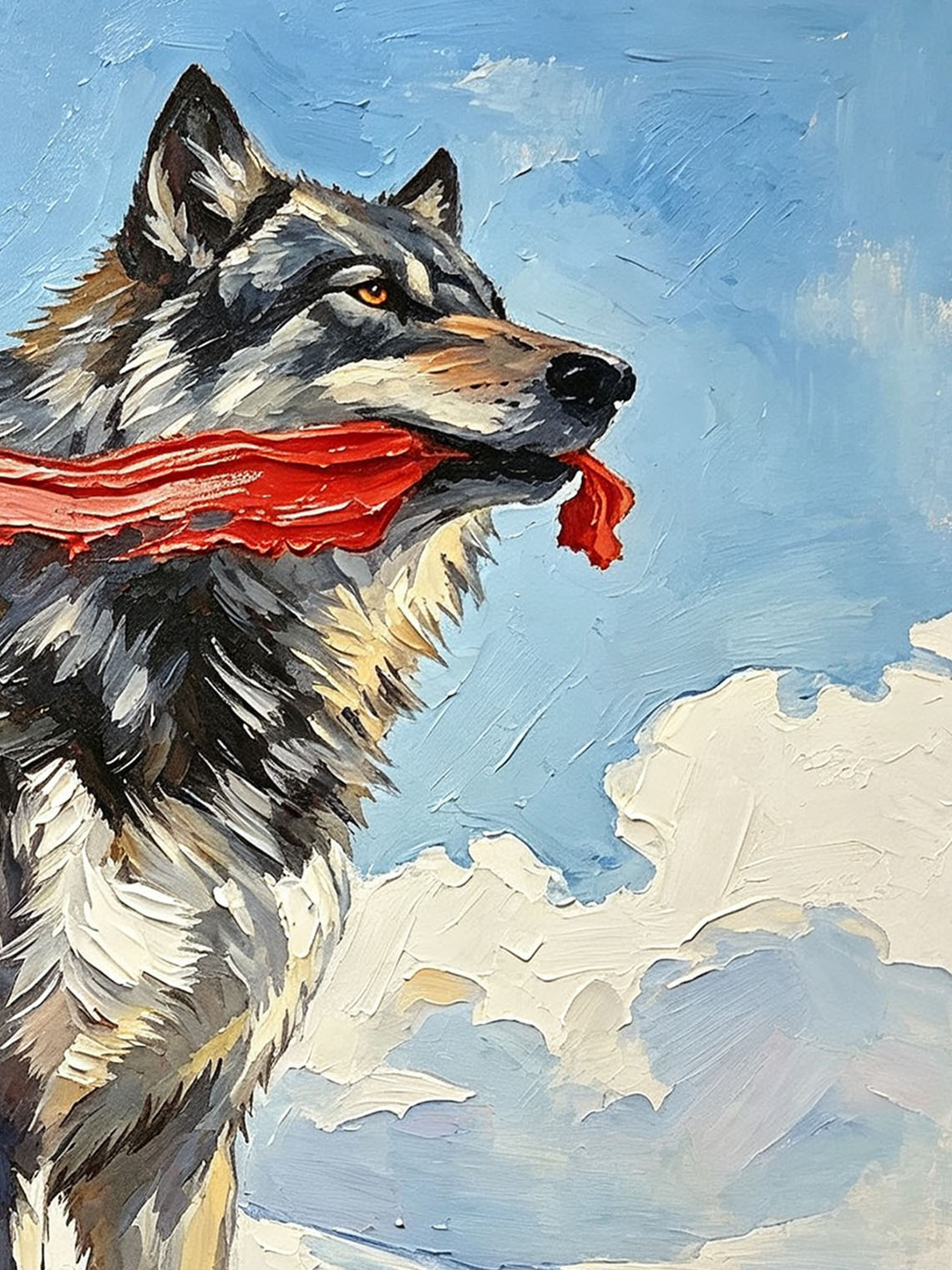 Wild Grey Wolf Holding Flowing Red Ribbon On Snowy Winter Landscape Oil Painting Custom oil painting from photo, Gift for friend，Size 4x4