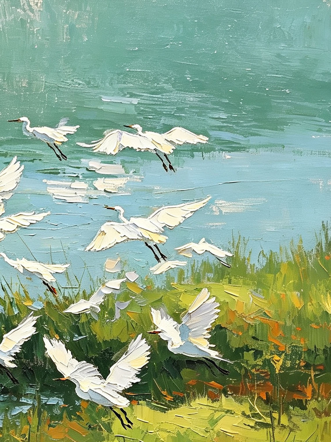 Flock of White Egrets Flying Over Green Riverside Wetland Landscape Oil Painting Custom oil painting from photo, Gift for friend，Size 4x4