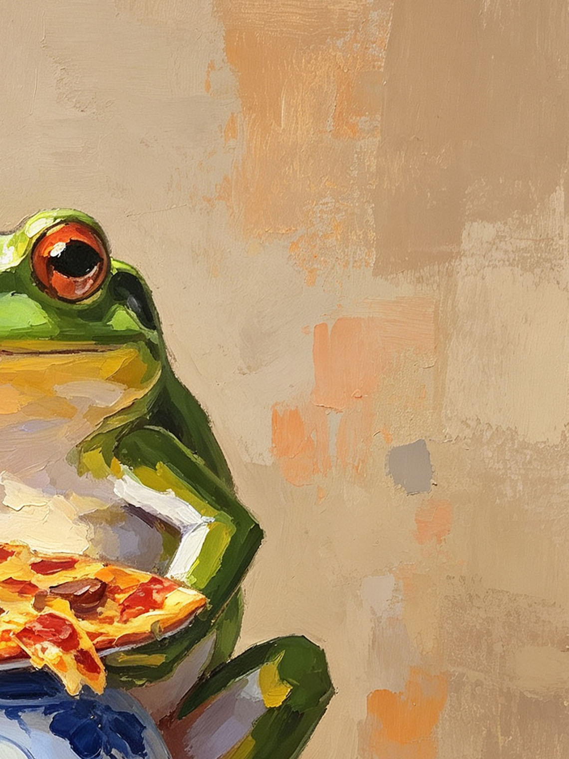 Whimsical Green Frog Eating Melted Cheese Pizza On Blue Floral Vase Oil Painting Custom oil painting from photo, Gift for friend，Size 4x4