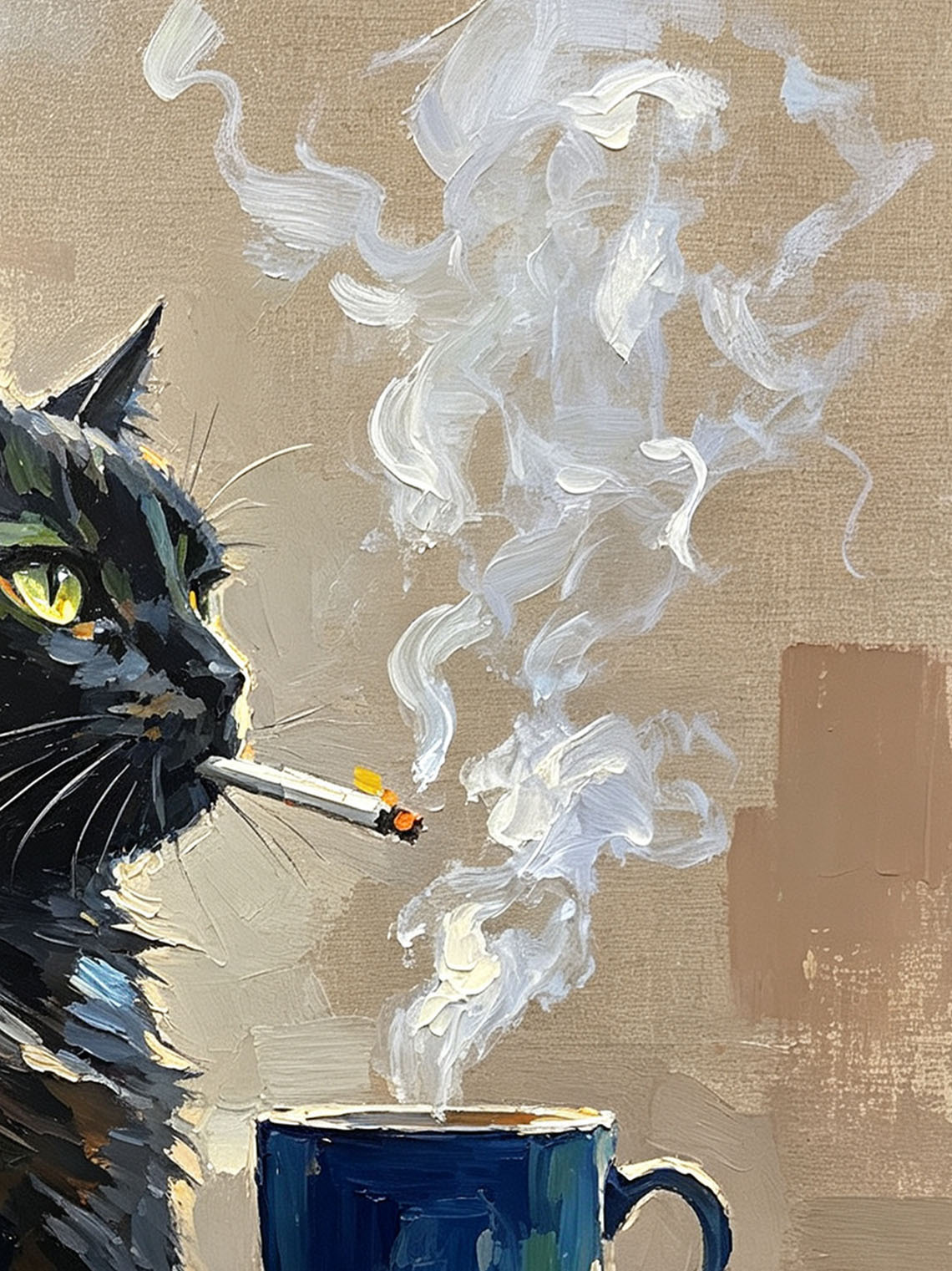 Cool Moody Black Cat With Gold Earring Beside Blue Coffee Cup On Wooden Table Custom oil painting from photo, Gift for friend，Size 4x4