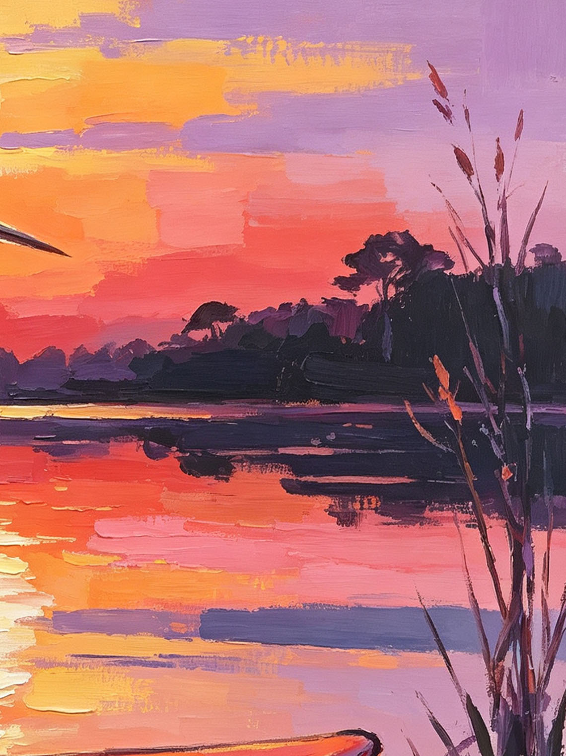 White Egret Standing on Red Paddle Board Over Lake At Vibrant Sunset Landscape Custom oil painting from photo, Gift for friend，Size 4x4
