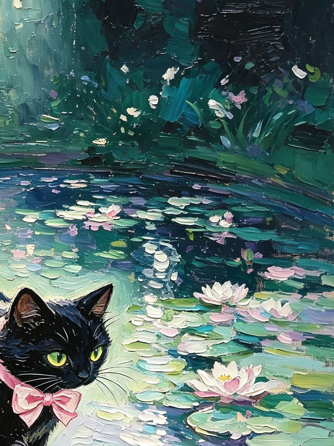 Black Cat With Pink Bow Walking Across Water Lily Pond In Sunlit Garden Custom oil painting from photo, Gift for friend，Size 4x4
