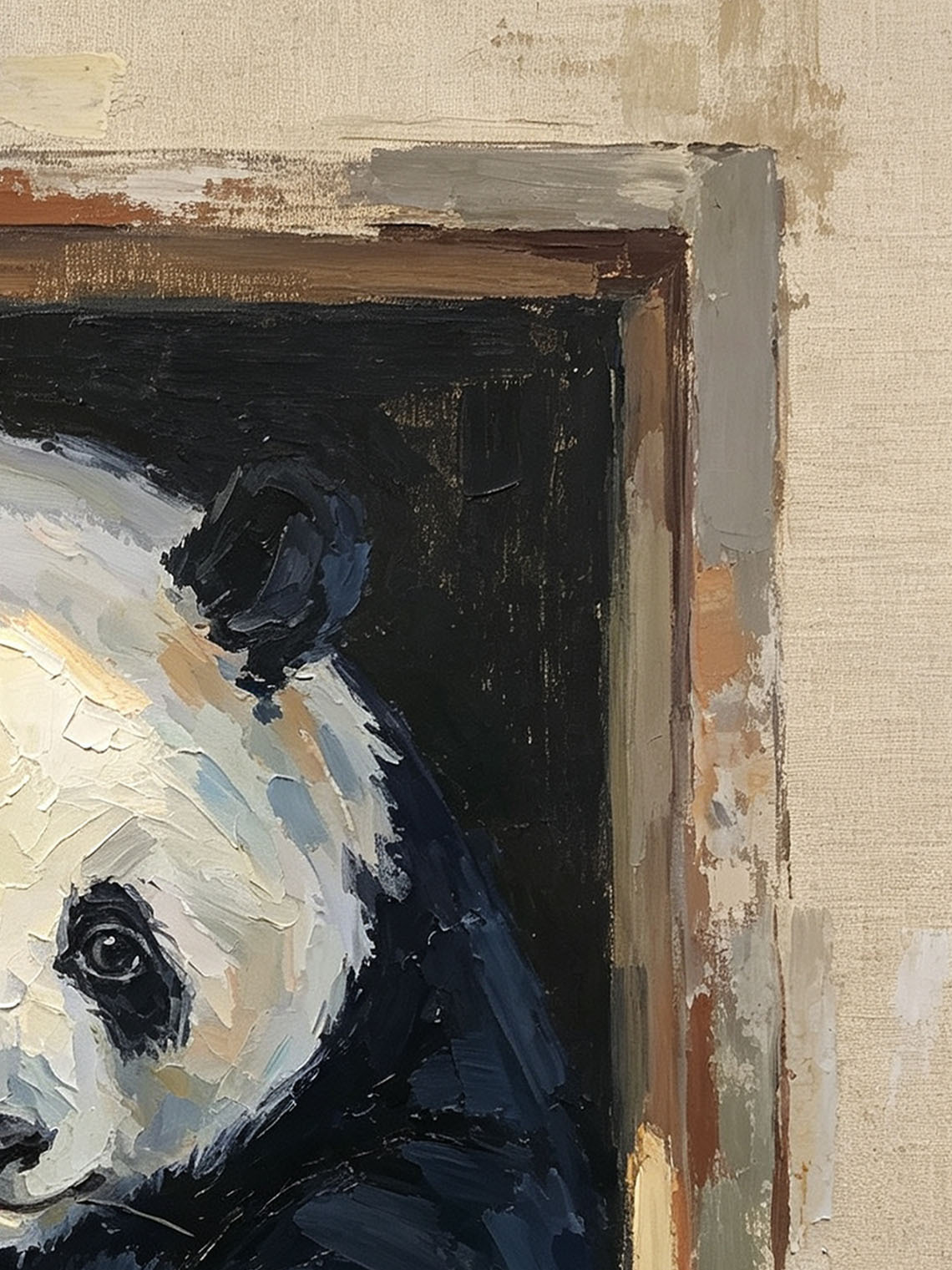 Cute Giant Panda Leaning Out From Wooden Window Box Impasto Oil Painting Custom oil painting from photo, Gift for friend，Size 4x4