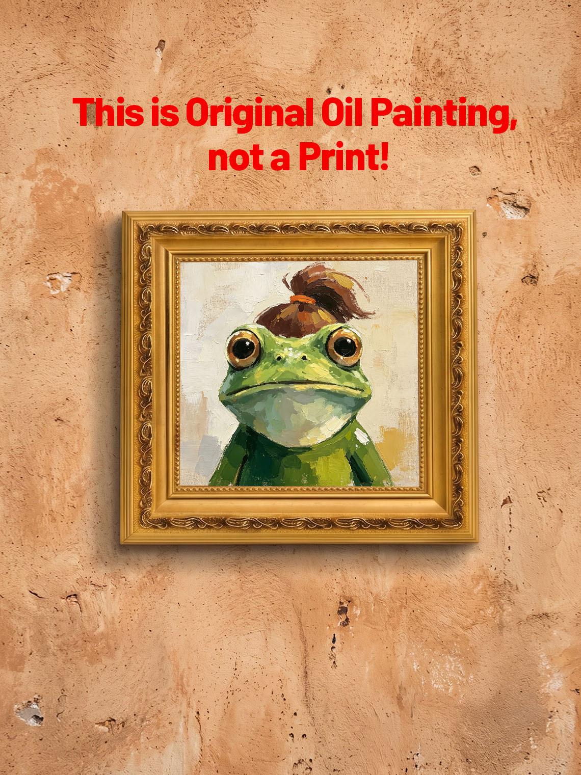 Frog With Messy Bun Hairstyle Whimsical Oil Painting Warm Beige Background  Custom oil painting from photo, Gift for friend，Size 4x4