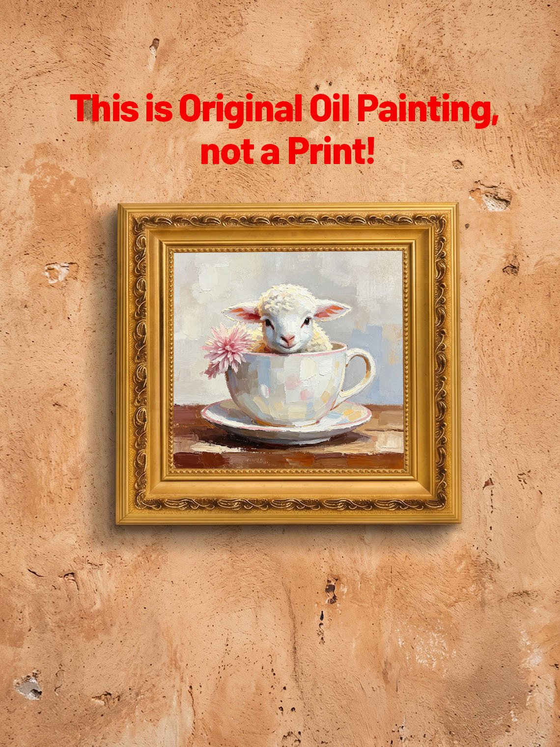 Baby Lamb Inside Pastel Teacup With Pink Flower Whimsical Custom oil painting from photo, Gift for friend，Size 4x4