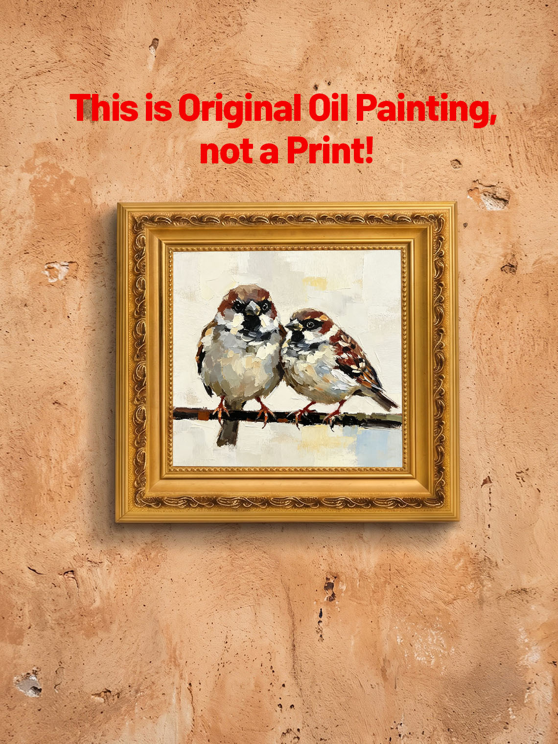 Pair Of Sweet Sparrows On Branch Oil Painting Soft Cream Textured Background  Custom oil painting from photo, Gift for friend，Size 4x4